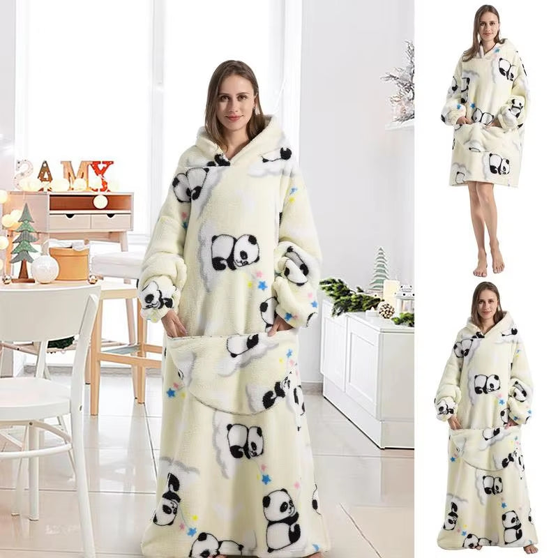 Panda Pattern Sweatshirt Blanket Super Long Flannel Blanket Plush Hooded Blanket Oversized Wearable Blanket Comfortable Hoodie