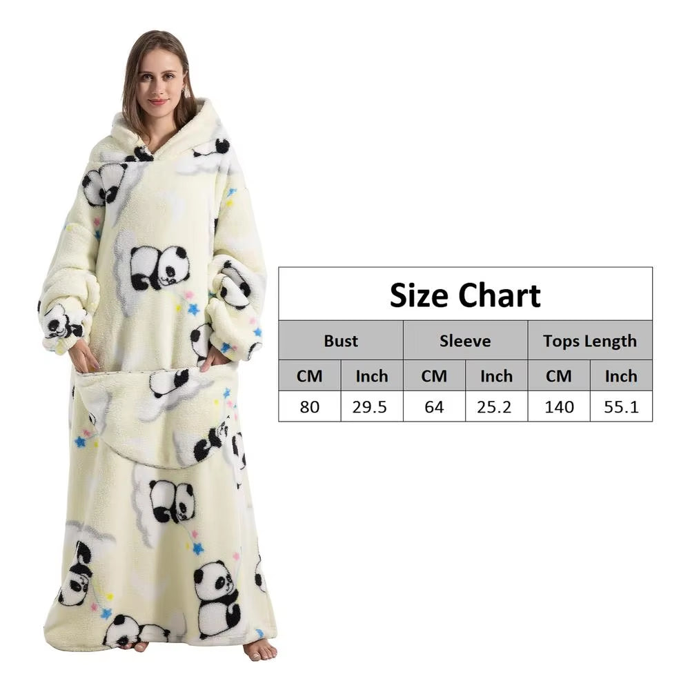 Panda Pattern Sweatshirt Blanket Super Long Flannel Blanket Plush Hooded Blanket Oversized Wearable Blanket Comfortable Hoodie