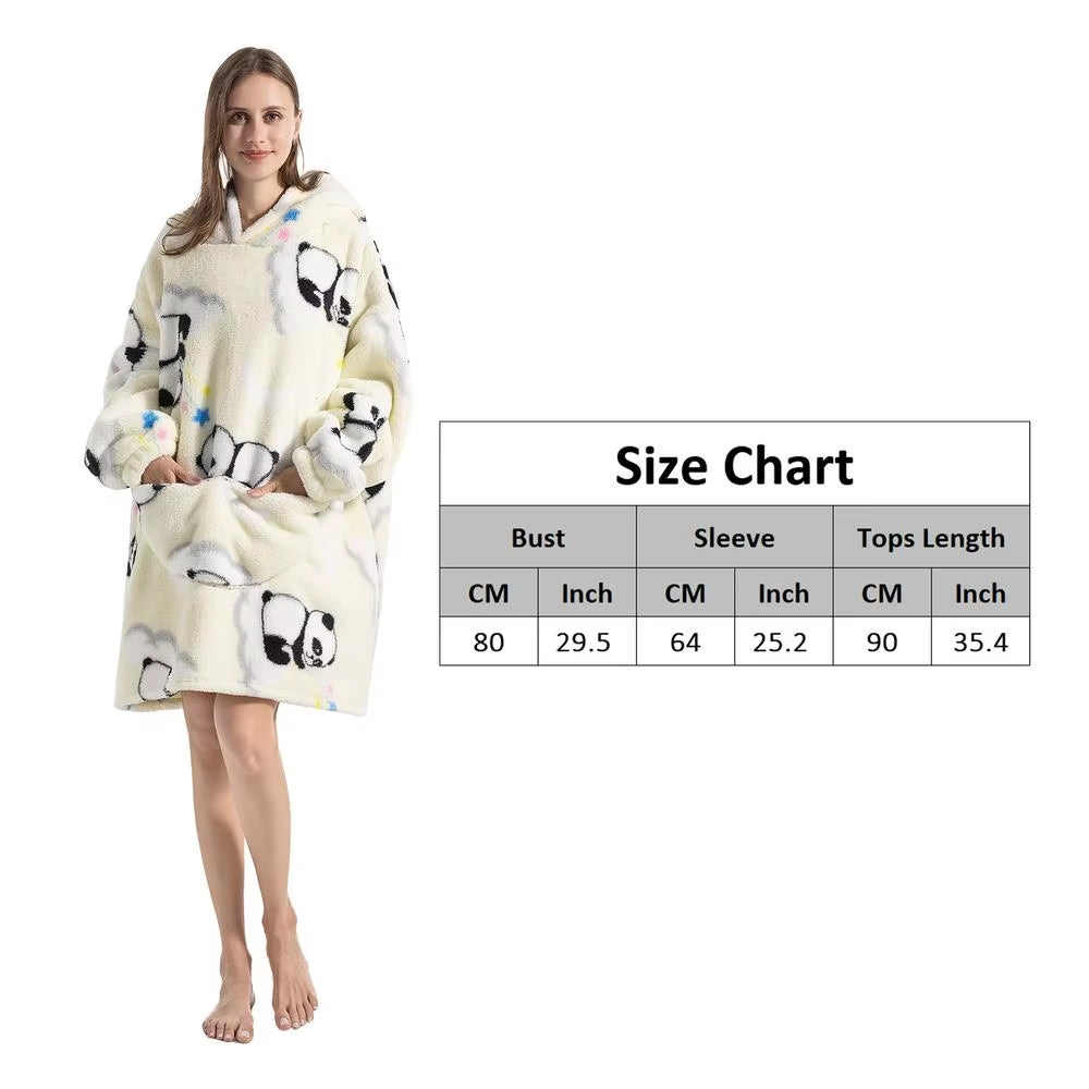 Panda Pattern Sweatshirt Blanket Super Long Flannel Blanket Plush Hooded Blanket Oversized Wearable Blanket Comfortable Hoodie