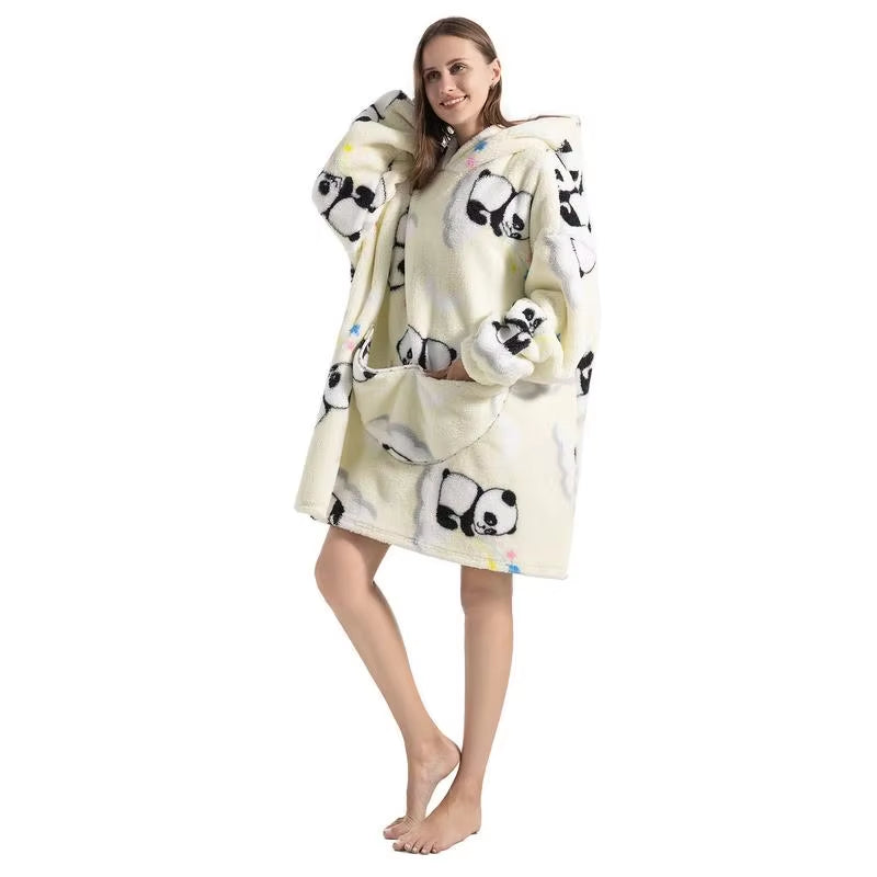 Panda Pattern Sweatshirt Blanket Super Long Flannel Blanket Plush Hooded Blanket Oversized Wearable Blanket Comfortable Hoodie