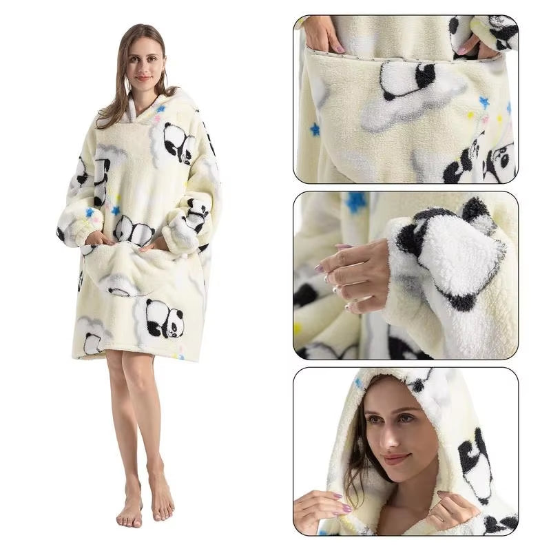 Panda Pattern Sweatshirt Blanket Super Long Flannel Blanket Plush Hooded Blanket Oversized Wearable Blanket Comfortable Hoodie