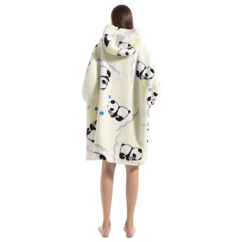 Panda Pattern Sweatshirt Blanket Super Long Flannel Blanket Plush Hooded Blanket Oversized Wearable Blanket Comfortable Hoodie